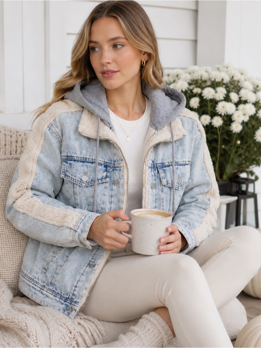 Buckle Hooded Sherpa Lined Denim Jacket Light Wash Jean Coat Cream Gray NWT